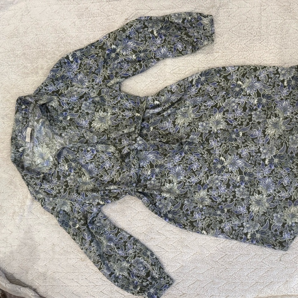 LOFT Olive Green Floral Button-Front Dress with Lavender Accents